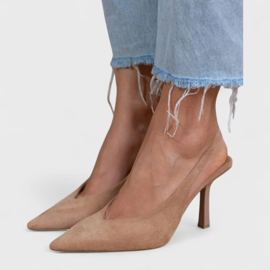Bianca beige suede slingback shoe with pointed toe and stiletto heel