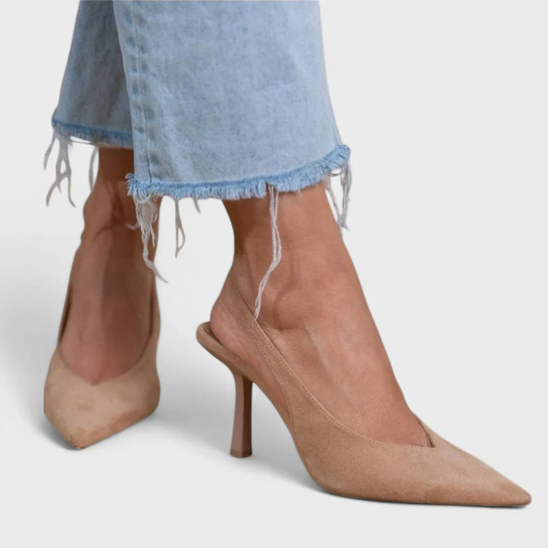 Beige suede slingback shoe, pointed toe, stiletto heel and ankle strap cutout