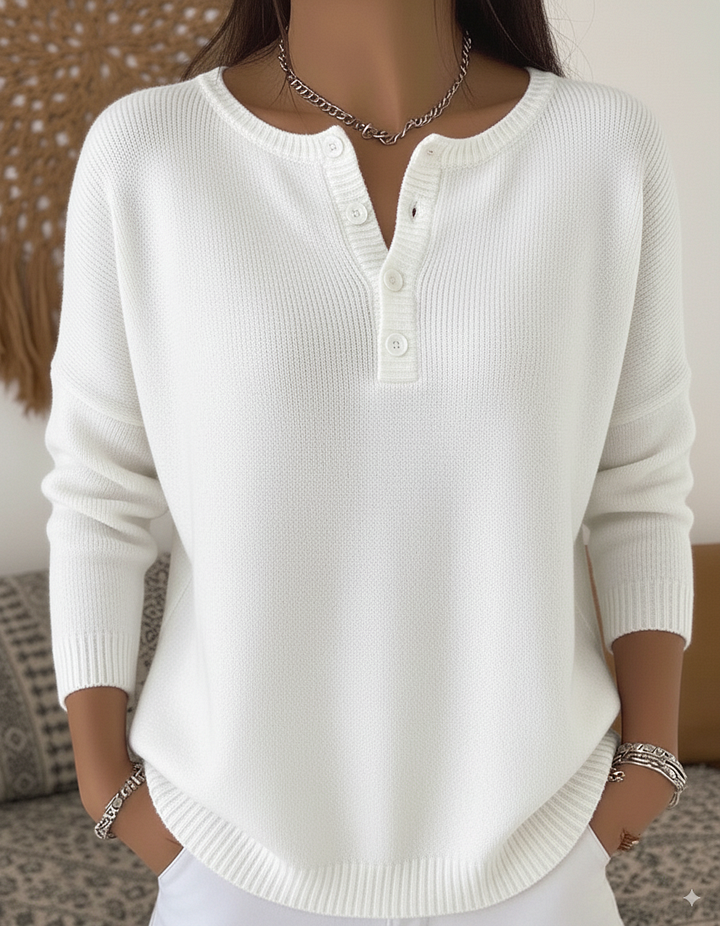 Women’s white knit henley button-up jumper, 3/4 sleeves with ribbed hem