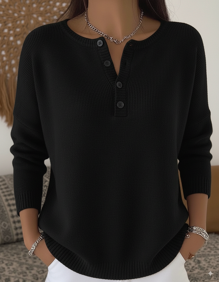 Stella black button-up knit jumper with henley placket and ribbed cuffs