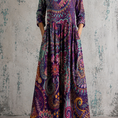 Floral summer maxi dress in dark purple with V-neck, 3/4 sleeves, and gathered waist