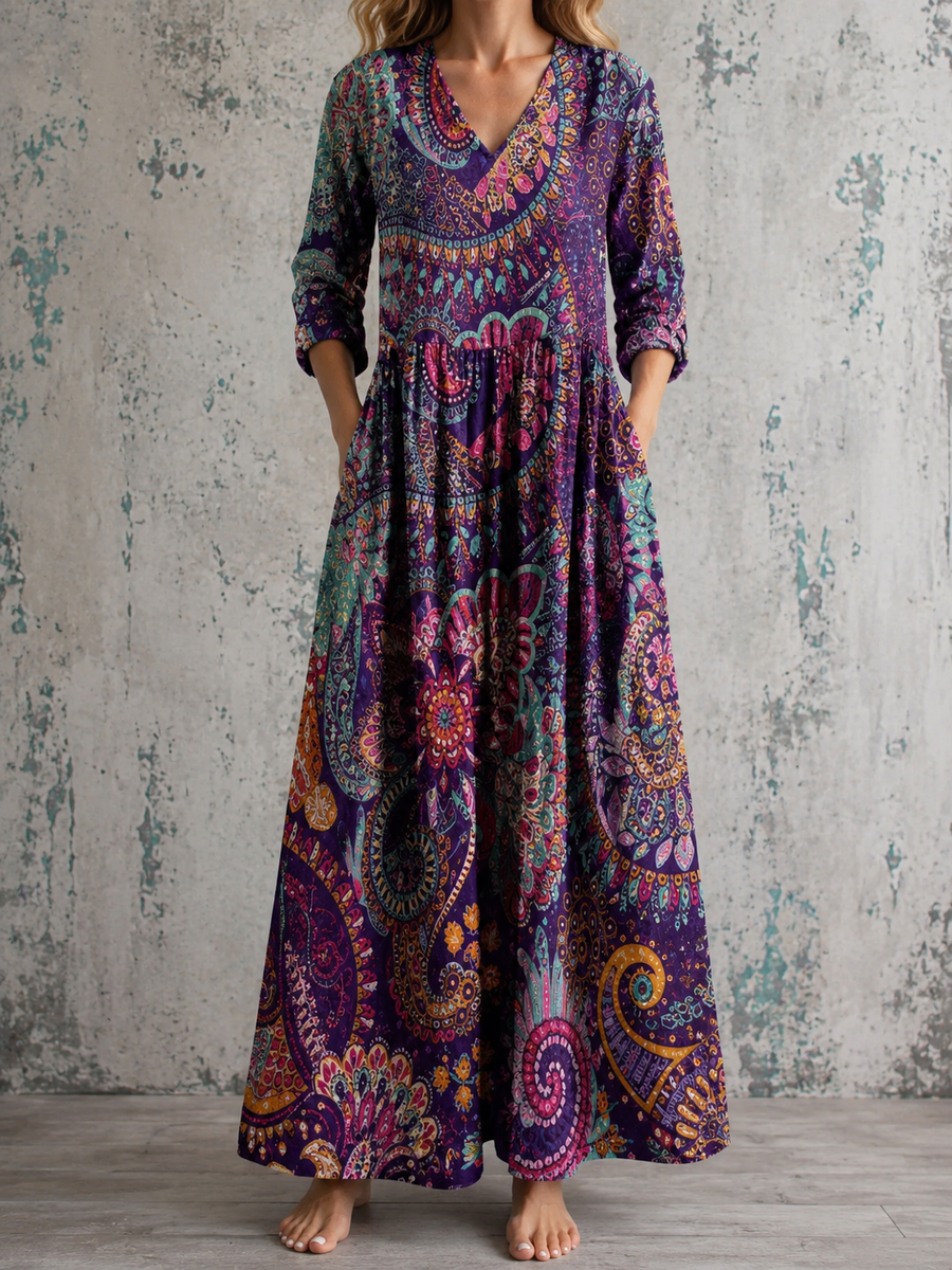 Floral summer maxi dress in dark purple with V-neck, 3/4 sleeves, and gathered waist