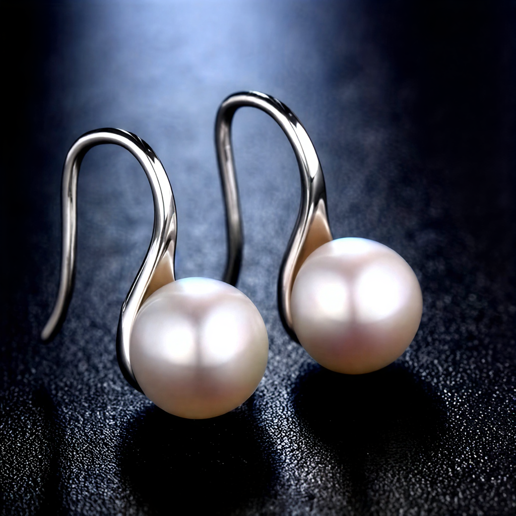Silver hoop pearl drop earrings with round white pearl