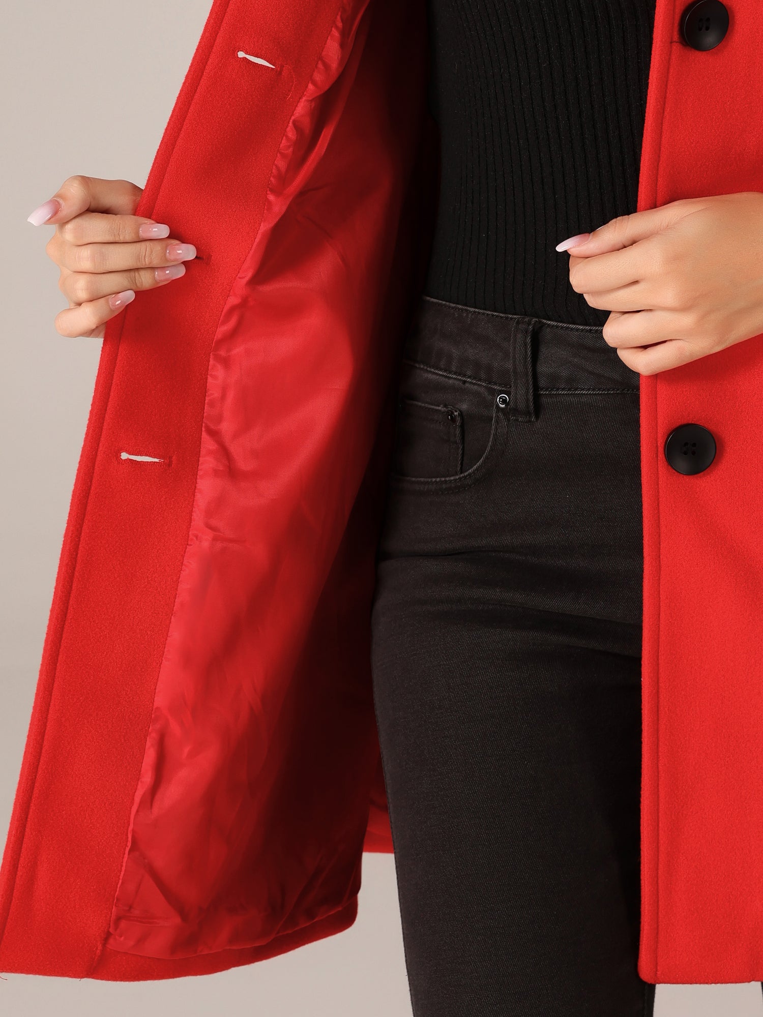 Red single-breasted winter trench coat with open front and snap buttons